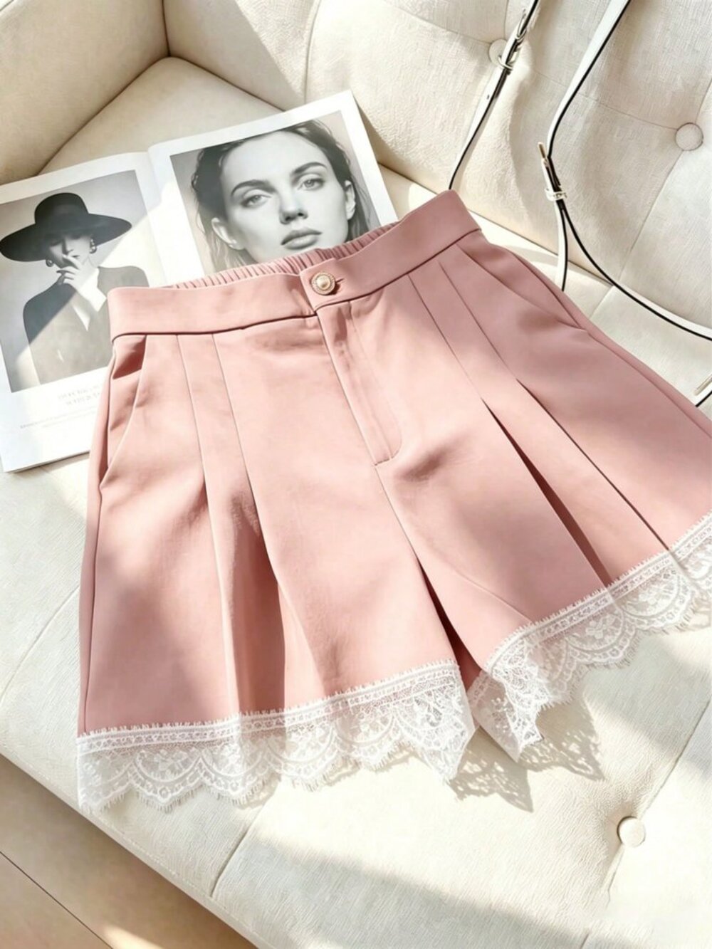 Pink Casual Women's Elegant Minimalist Pleated A-Line Lace Wide Leg Shorts - Picture 2 of 7